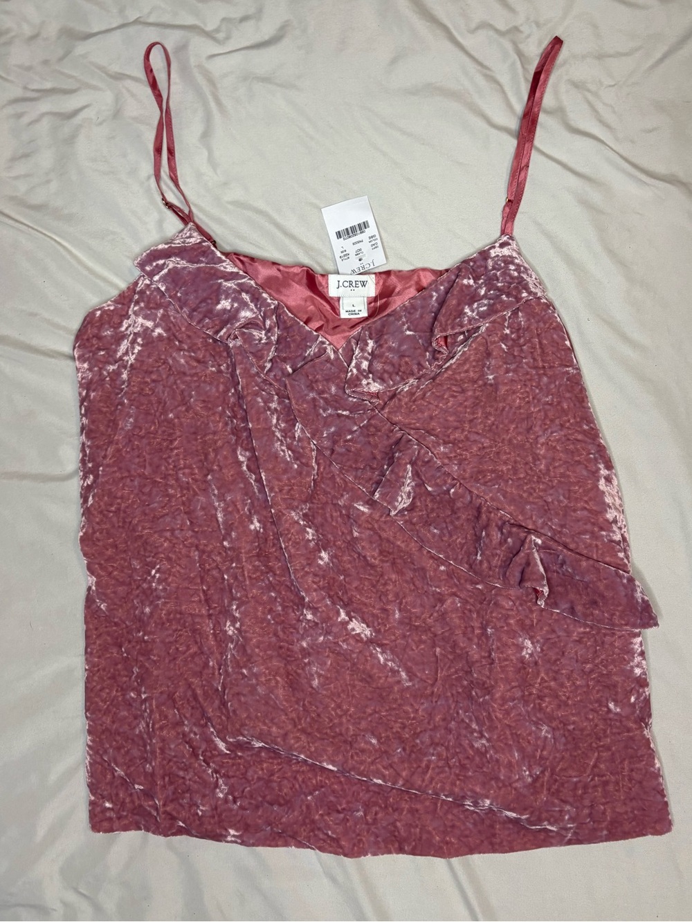 J. Crew Rose Pink Crushed Velvet Ruffle Cami